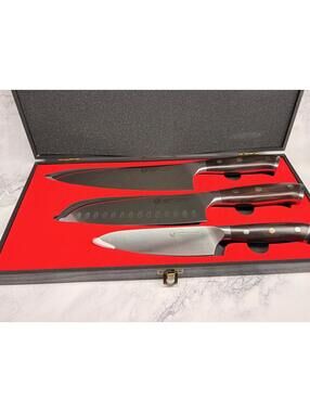 Aquilus Steel Knife Set 3pc Chef Santoku Utility German Steel Wood Box NEW Gift